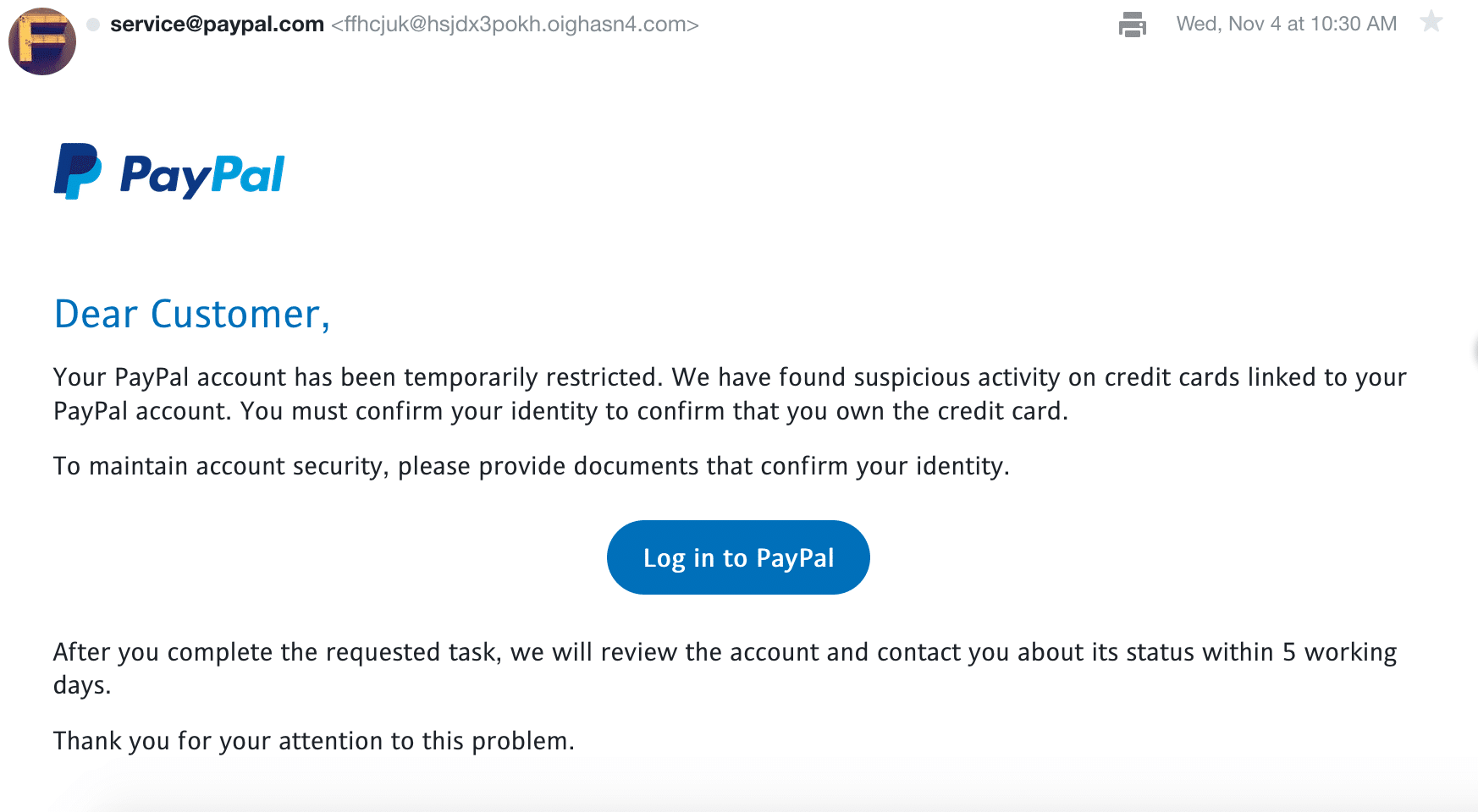 PayPal Phishing Example